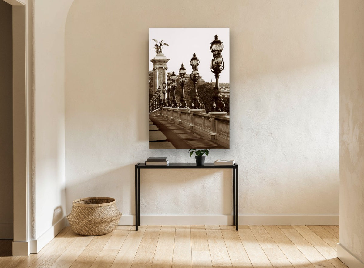 Sepia Lamps of the Bridge city canvas print on the wall of a hallway