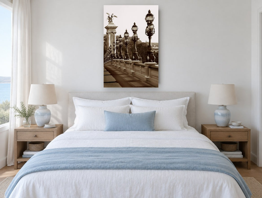 Sepia Lamps of the Bridge city canvas print on the wall of a bedroom