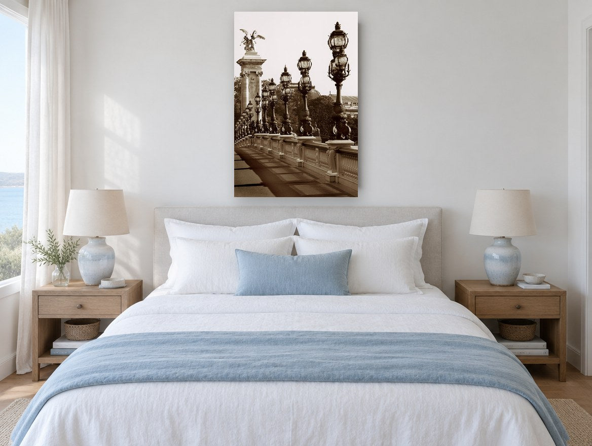 Sepia Lamps of the Bridge city canvas print on the wall of a bedroom