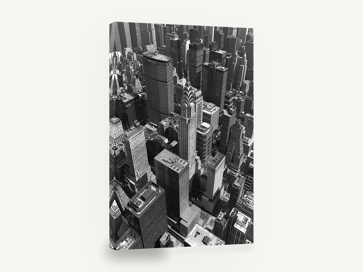 Midtown From Above, chrysler building midtown manhattan black and white photograph, city canvas wall art print ready to hang