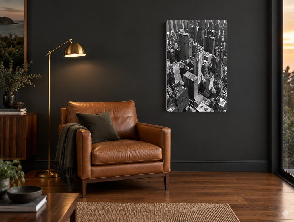 Midtown From Above city canvas print on the wall of a charcoal living room