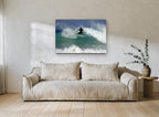 Surfer Carving the Lip coastal canvas print on the wall of a living room