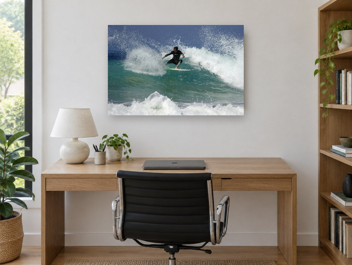 Surfer Carving the Lip coastal canvas print on the wall of a study