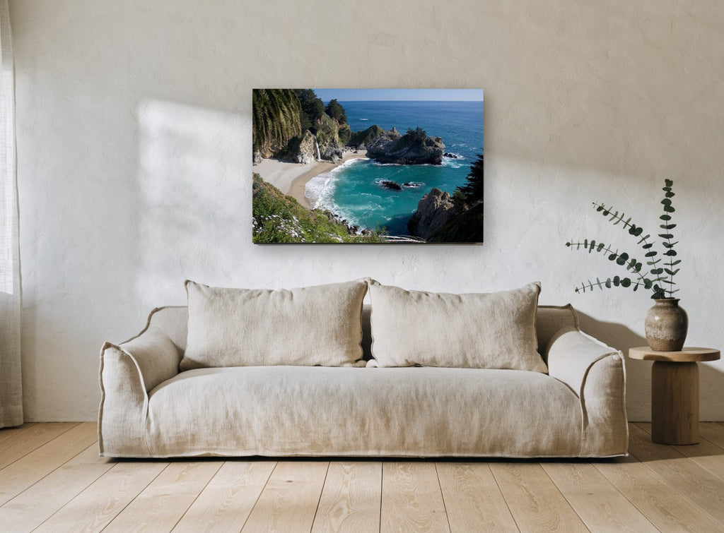 Waterfall Cove Lookout coastal canvas print on the wall of a living room