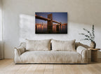 Brooklyn Bridge Twilight Glow city canvas print on the wall of a living room