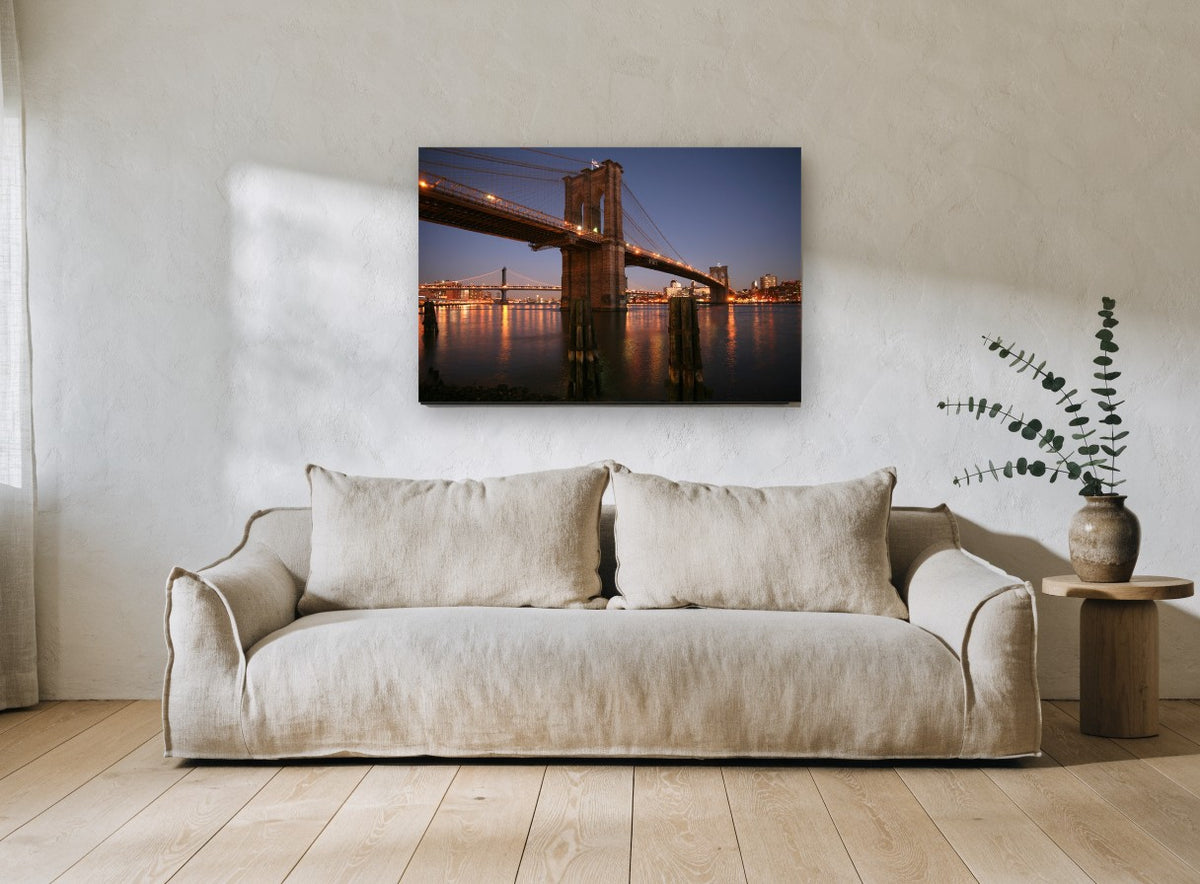 Brooklyn Bridge Blue Hour city canvas print on the wall of a living room