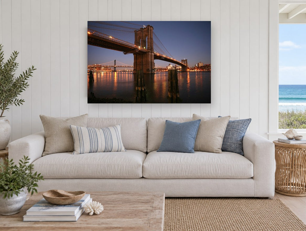 Brooklyn Bridge Twilight Glow city canvas print on the wall of a beach house living room