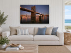 Brooklyn Bridge Twilight Glow city canvas print on the wall of a beach house living room