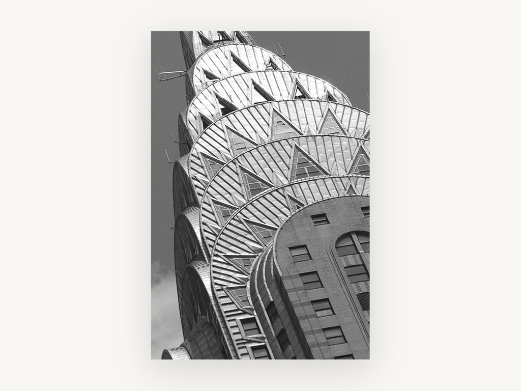 Chrysler Crown Rising, chrysler building crown black and white photograph, city canvas wall art print, front view