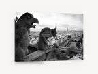 Gargoyles Over Paris, notre-dame gargoyles paris black and white photograph, city canvas wall art print ready to hang