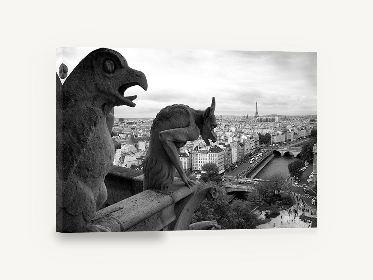 Gargoyles Over Paris, notre-dame gargoyles paris black and white photograph, city canvas wall art print ready to hang