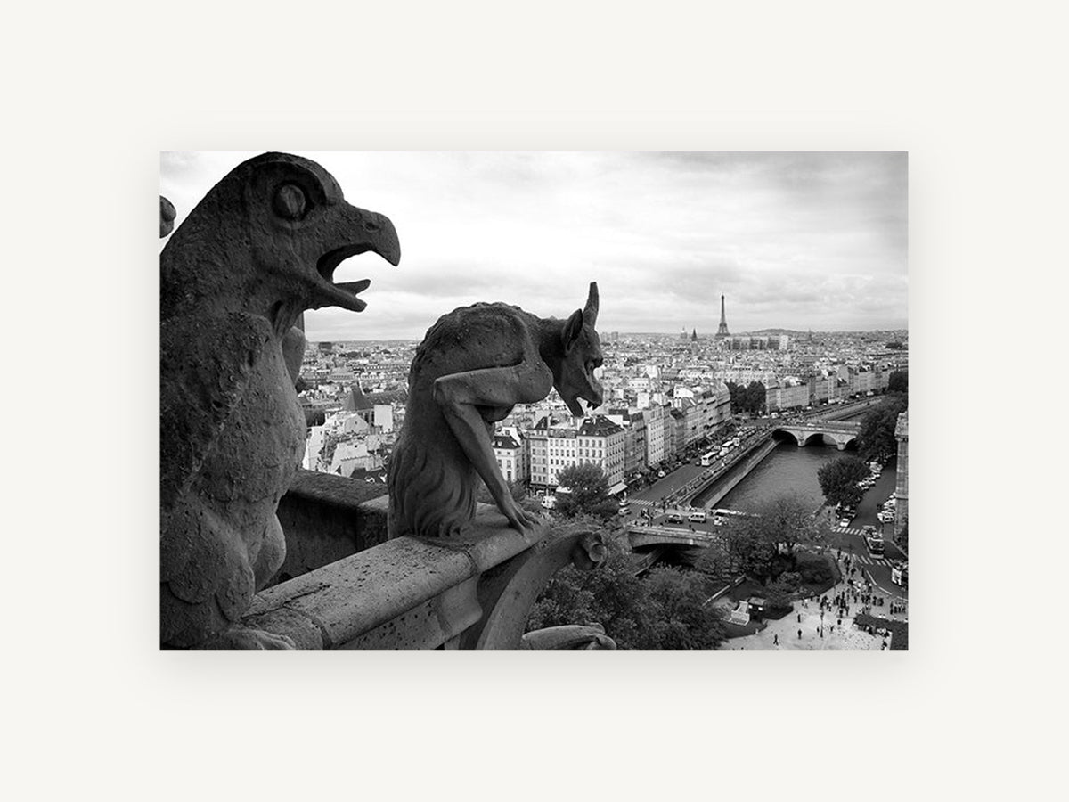 Gargoyles Over Paris, notre-dame gargoyles paris black and white photograph, city canvas wall art print, front view