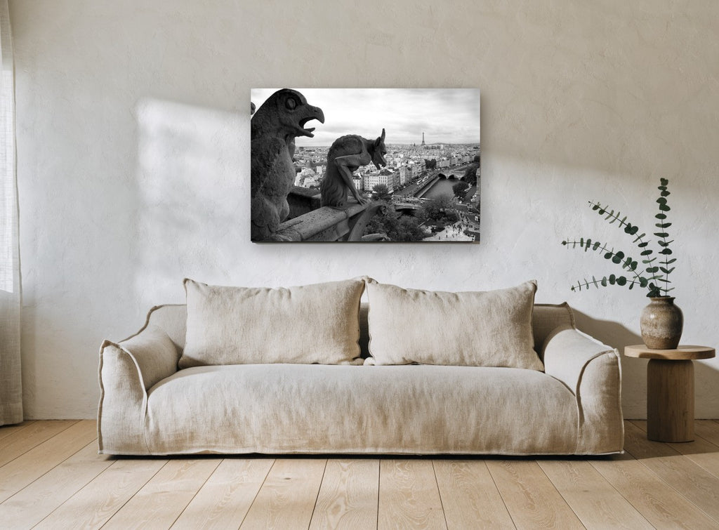 Gargoyles Over Paris city canvas print on the wall of a living room