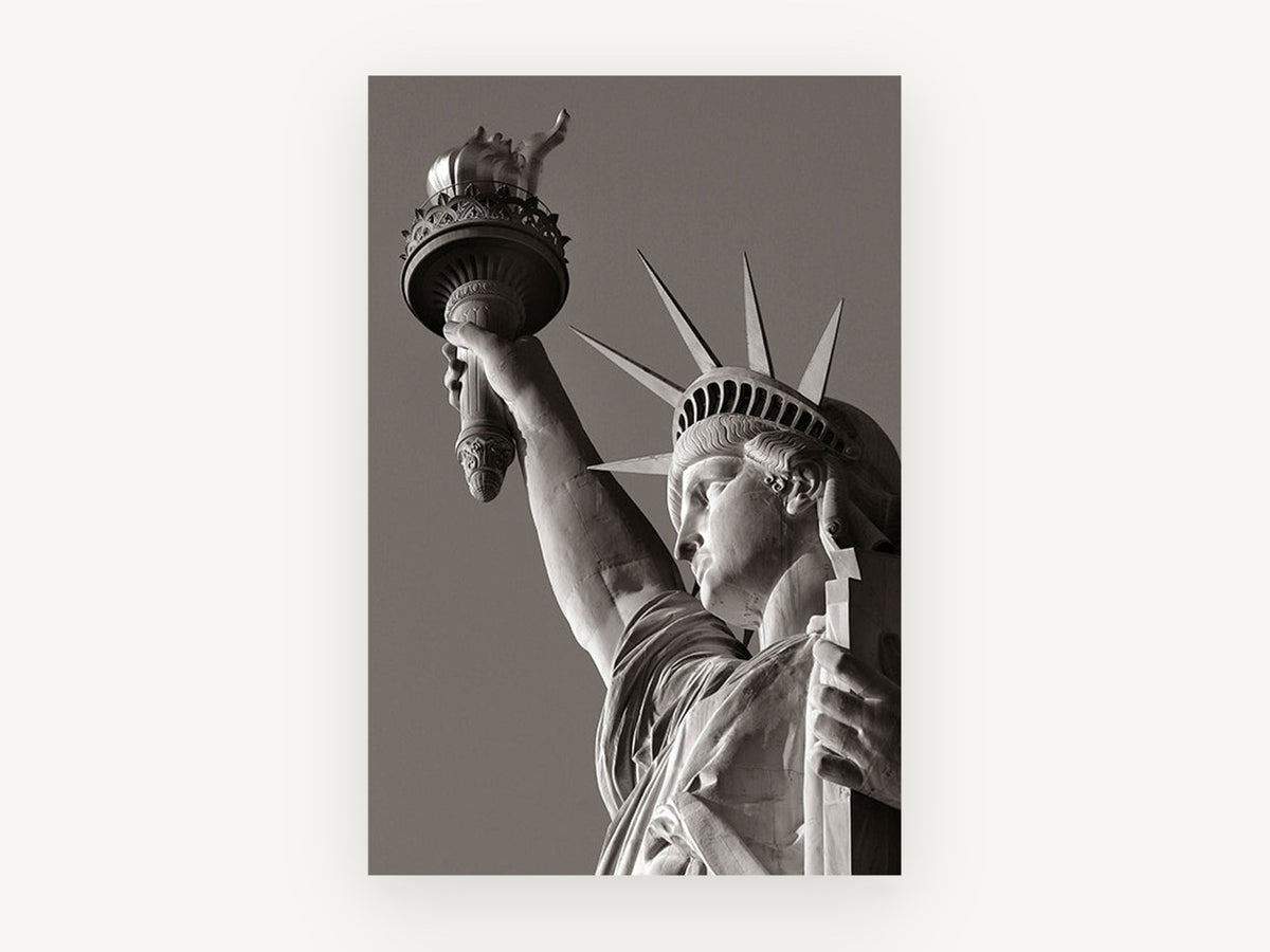 Liberty Raised Torch, statue of liberty black and white photograph, city canvas wall art print, front view