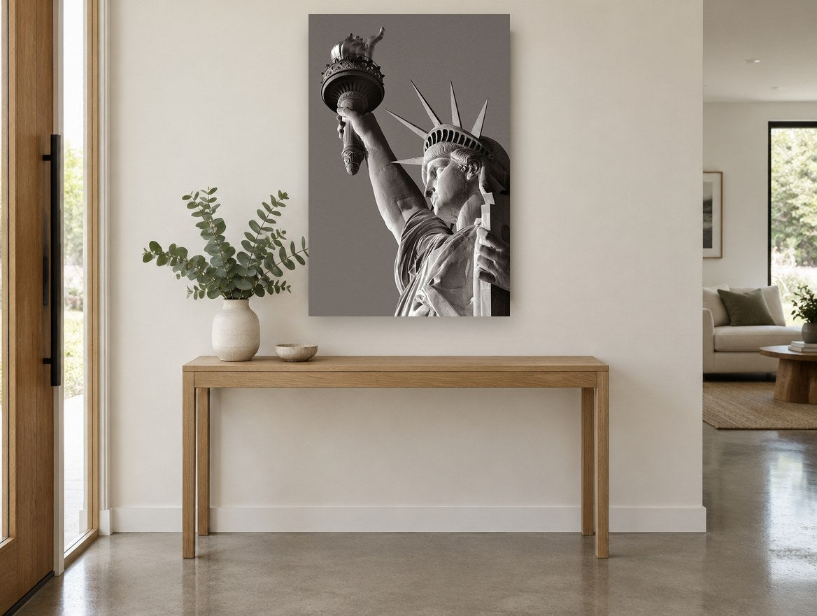 Liberty Raised Torch city canvas print on the wall of a entry hall