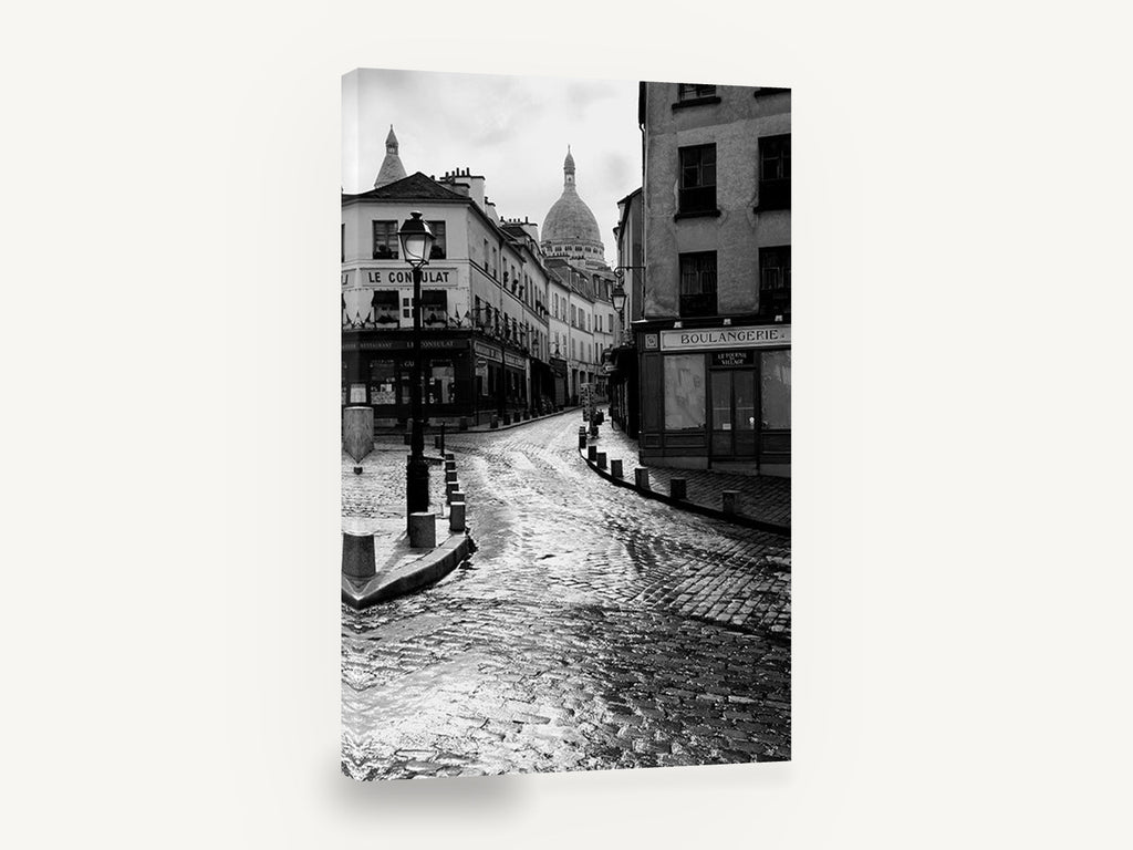 Wet Cobbles of Montmartre, montmartre street black and white photograph, city canvas wall art print ready to hang
