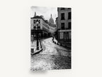 Wet Cobbles of Montmartre, montmartre street black and white photograph, city canvas wall art print ready to hang