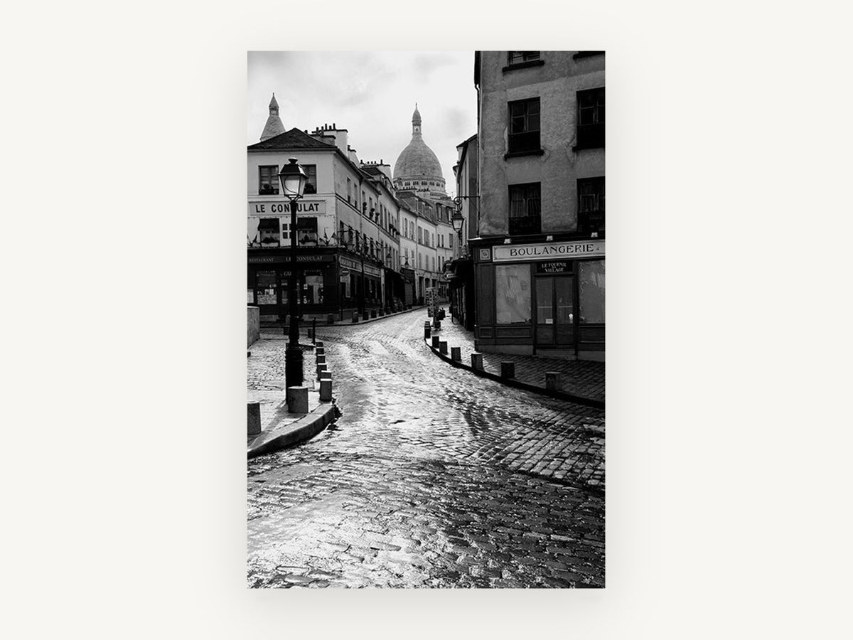 Wet Cobbles of Montmartre, montmartre street black and white photograph, city canvas wall art print, front view