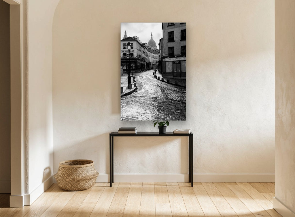 Wet Cobbles of Montmartre city canvas print on the wall of a hallway