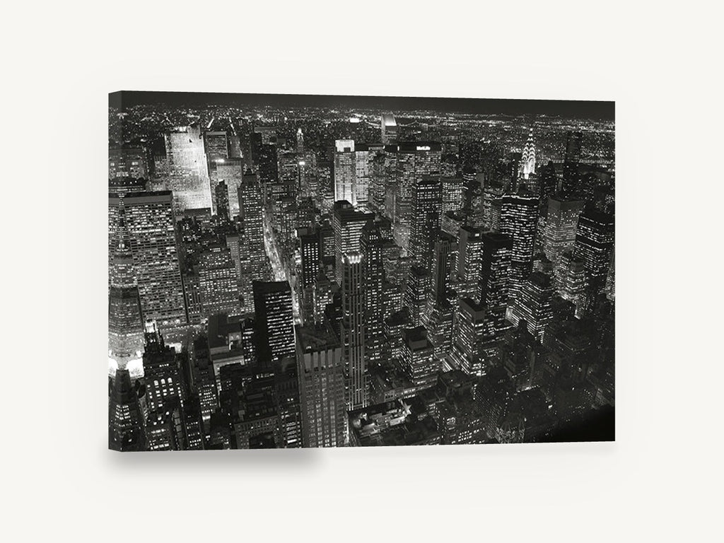 Midtown Monochrome Manhattan Glow, new york night skyline black and white photograph, city canvas wall art print ready to hang