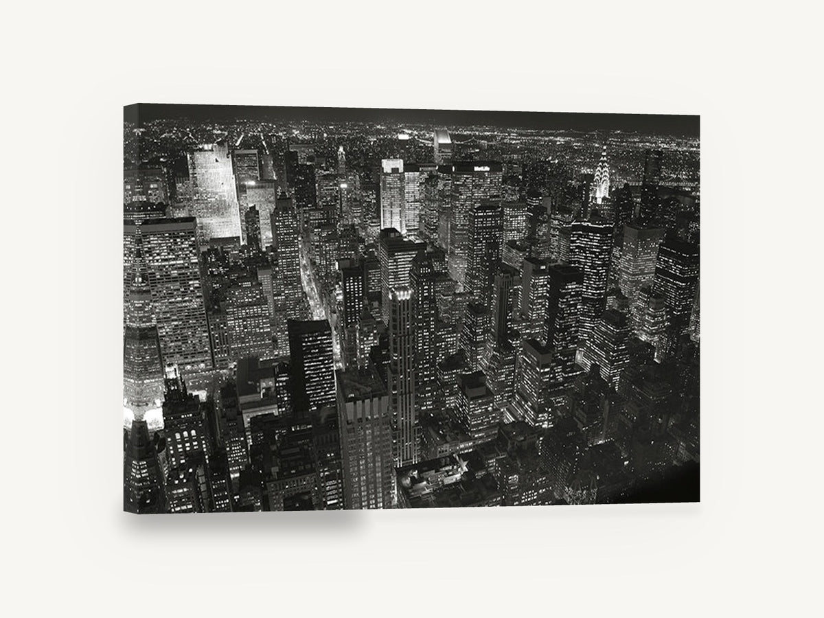 Midtown After Dark, new york night skyline black and white photograph, city canvas wall art print ready to hang