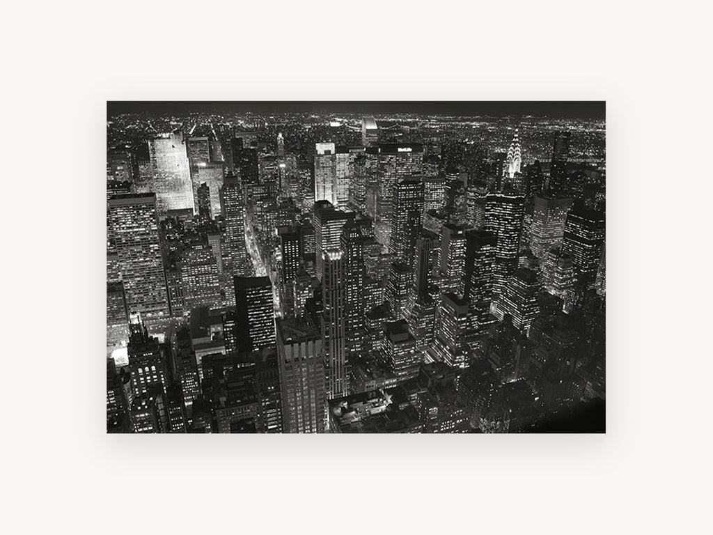 Midtown Monochrome Manhattan Glow, new york night skyline black and white photograph, city canvas wall art print, front view