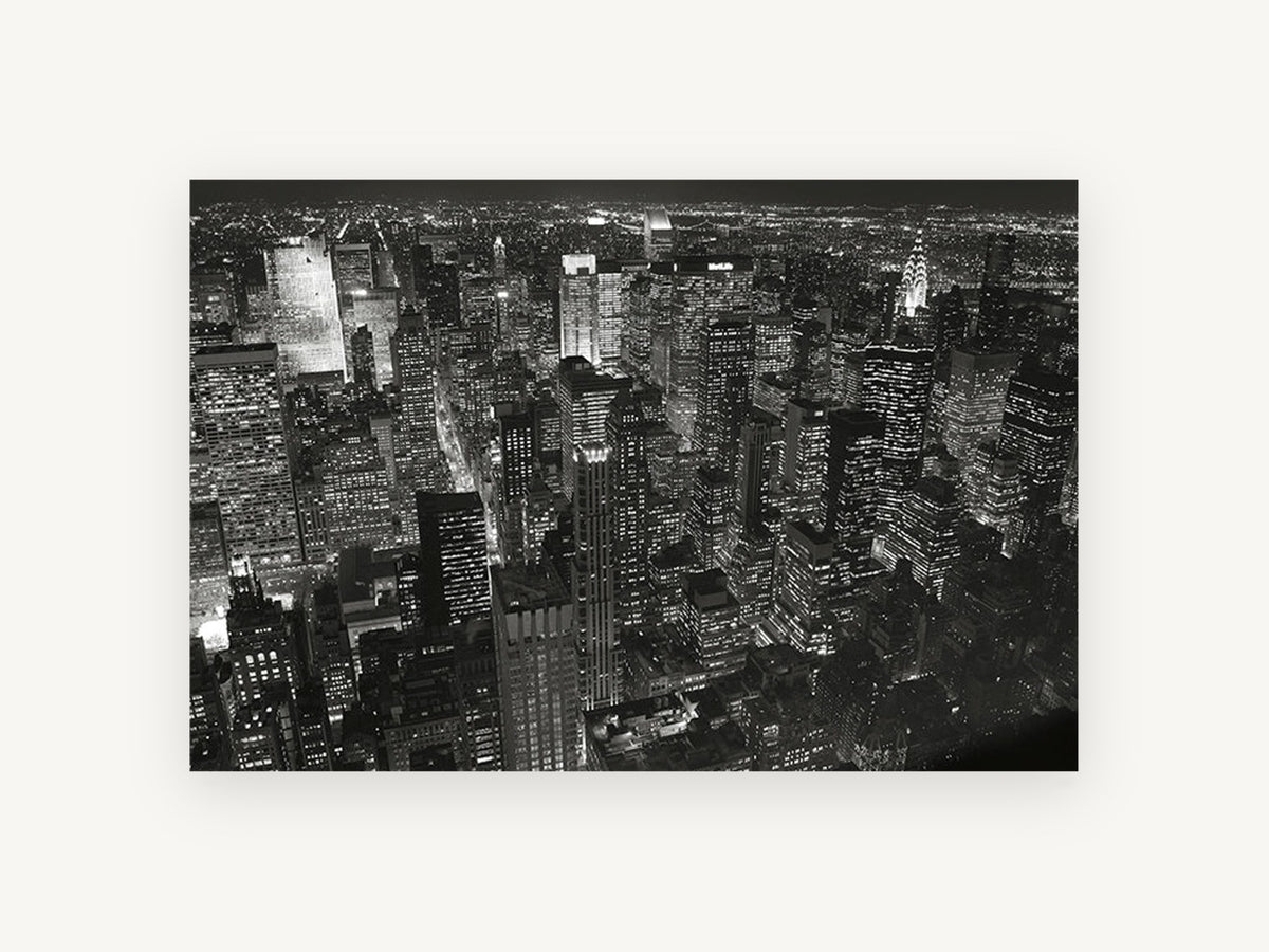 Midtown After Dark, new york night skyline black and white photograph, city canvas wall art print, front view