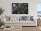 Midtown Monochrome Manhattan Glow city canvas print on the wall of a beach house living room