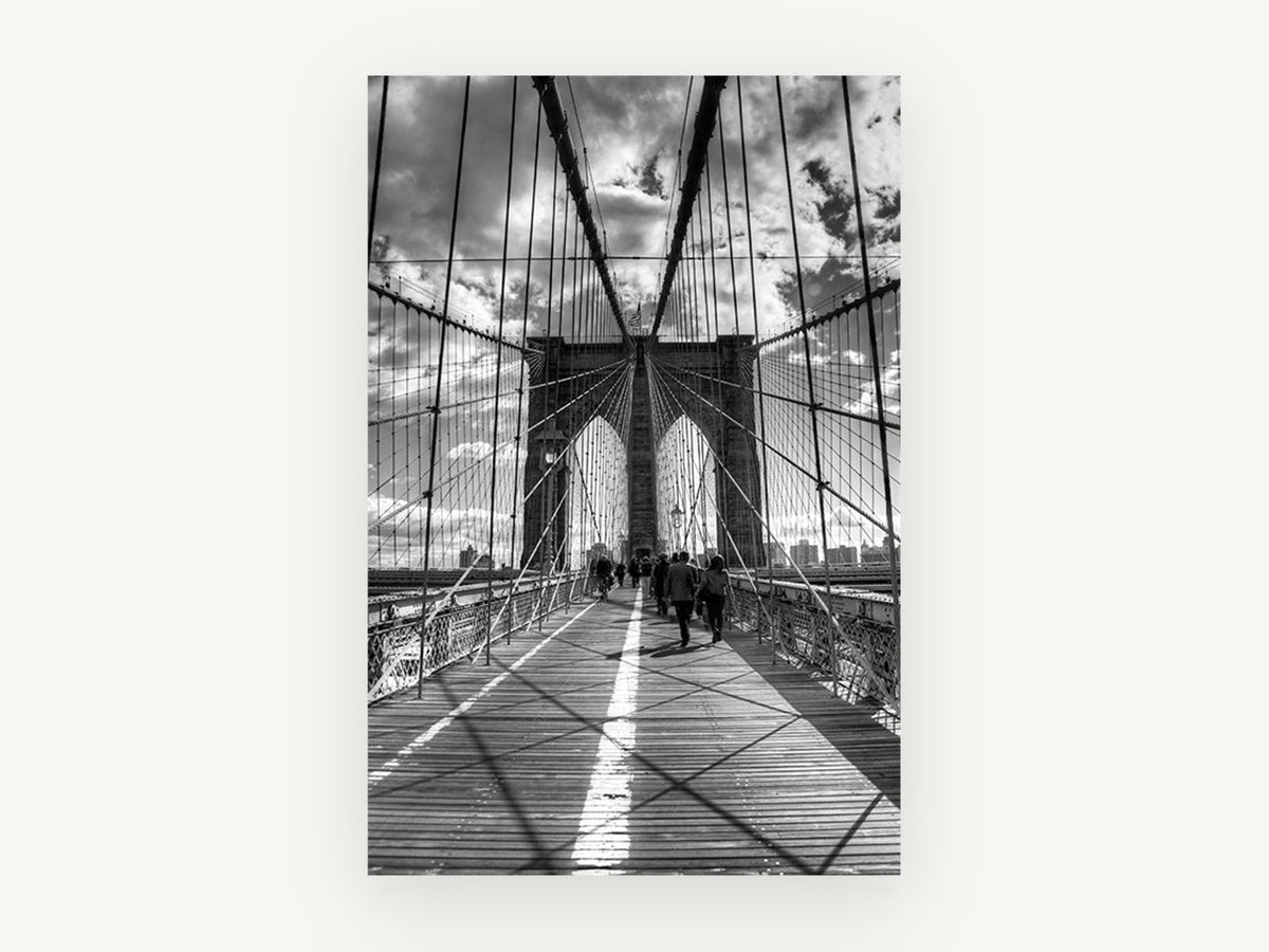 Brooklyn Bridge Walkway, brooklyn bridge black and white photograph, city canvas wall art print, front view