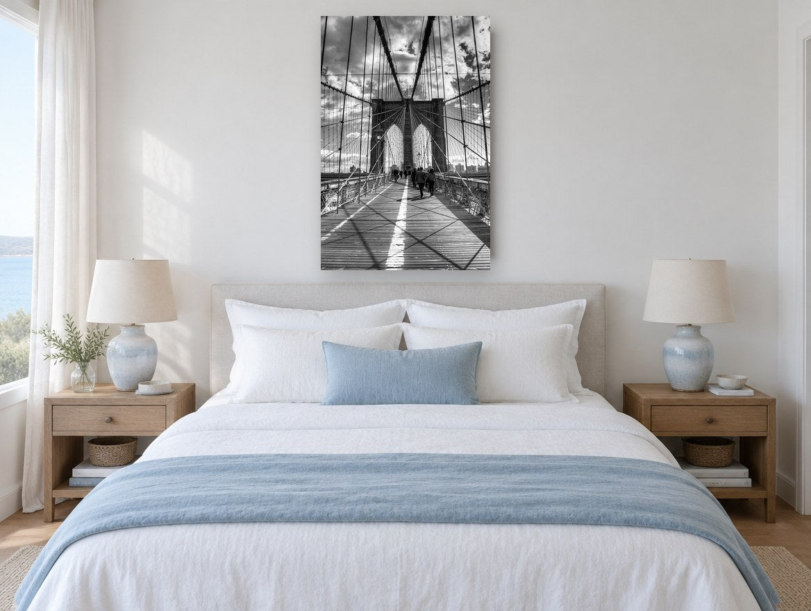 Brooklyn Bridge Walkway city canvas print on the wall of a bedroom