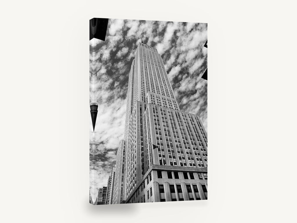 Empire State Looking Up, empire state building black and white photograph, city canvas wall art print ready to hang