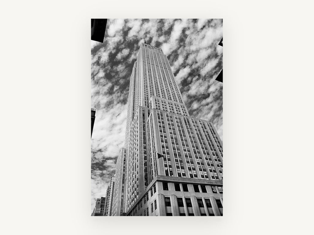 Empire State Looking Up, empire state building black and white photograph, city canvas wall art print, front view