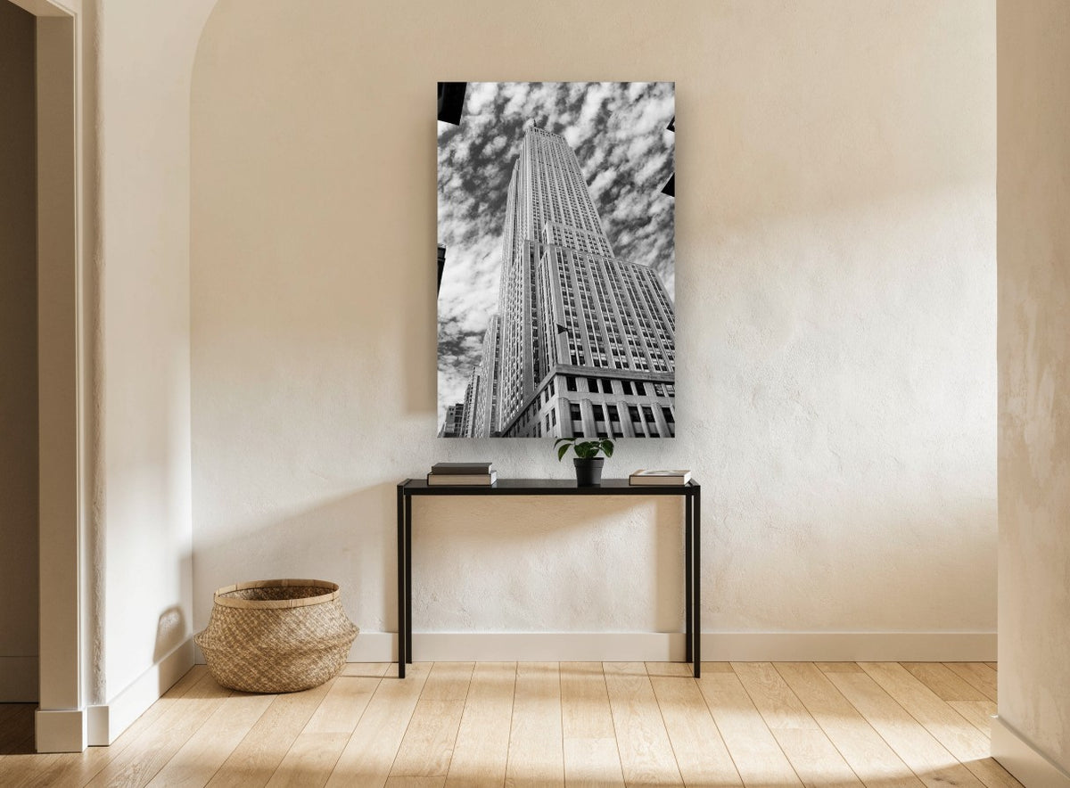 Empire State Looking Up city canvas print on the wall of a hallway