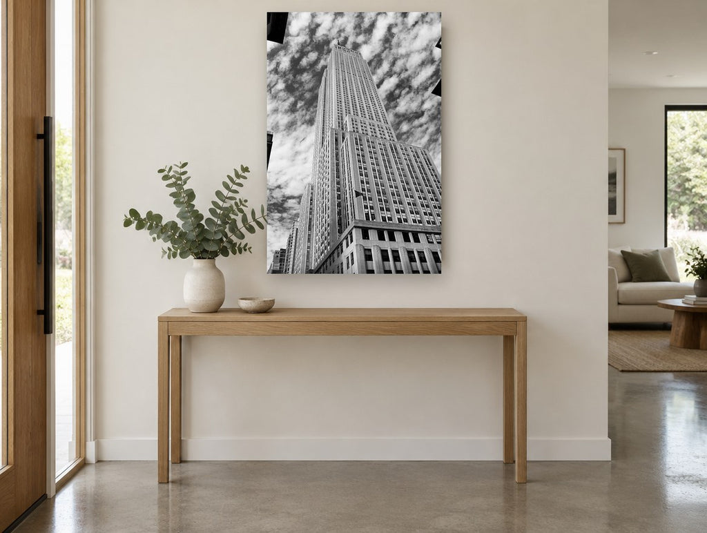 Empire State Looking Up city canvas print on the wall of a entry hall