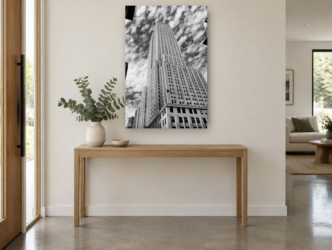 Empire State Looking Up city canvas print on the wall of a entry hall