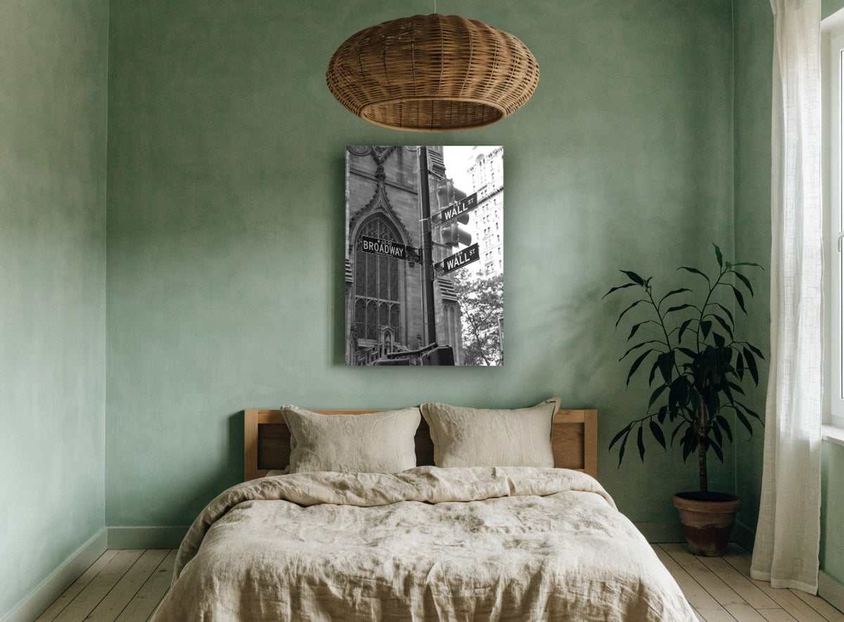 Wall Street Corner Signs city canvas print on the wall of a bedroom