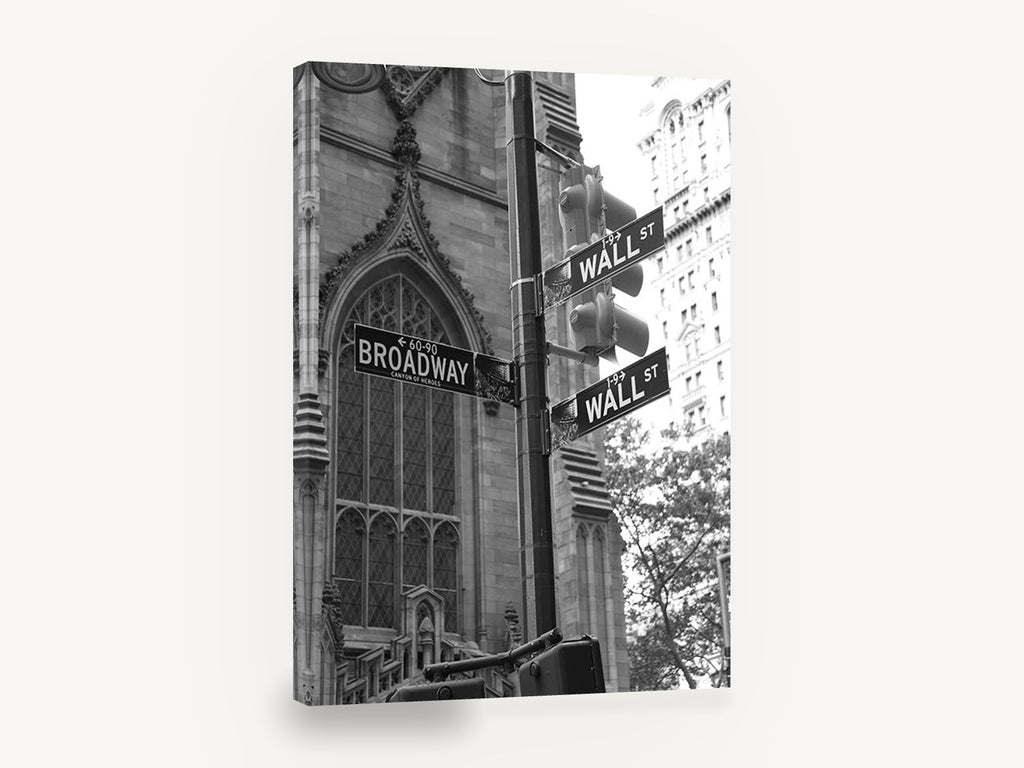Wall Street Corner Signs, wall street broadway signs black and white photograph, city canvas wall art print ready to hang