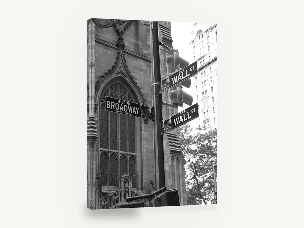 Wall Street Corner Signs, wall street broadway signs black and white photograph, city canvas wall art print ready to hang