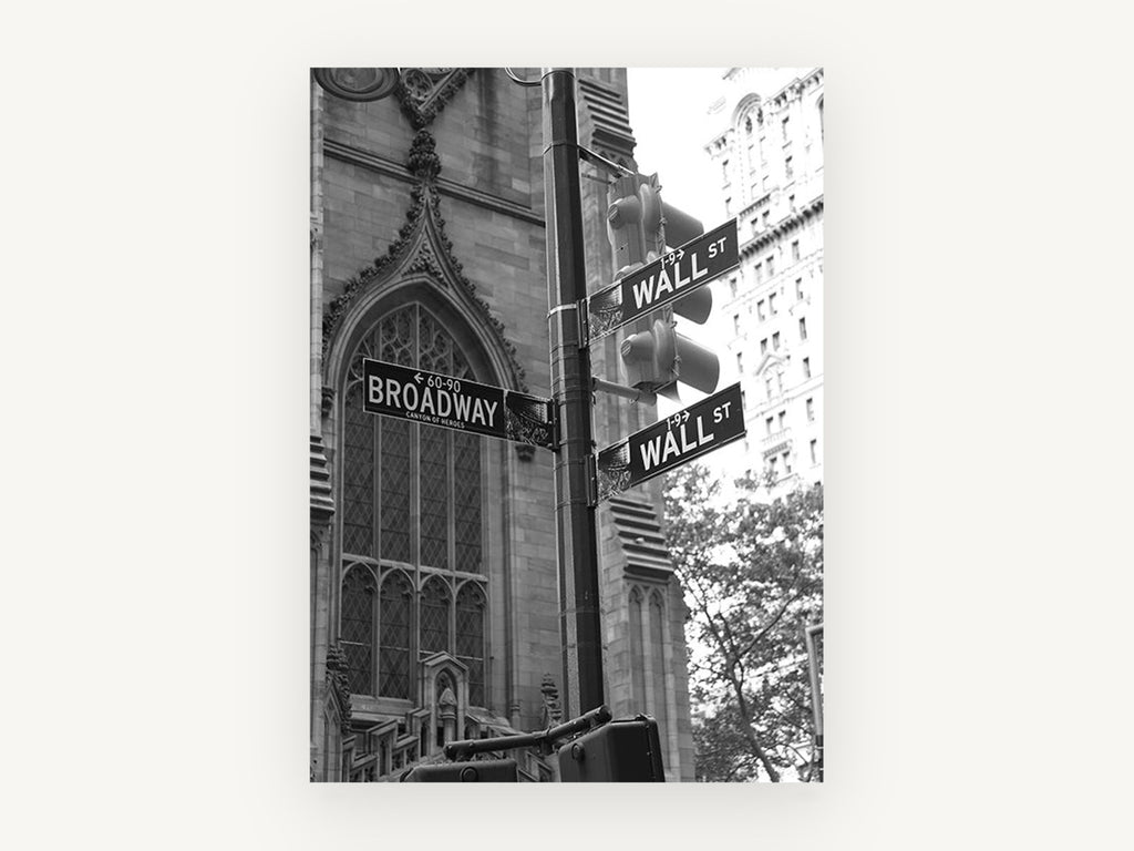 Wall Street Corner Signs, wall street broadway signs black and white photograph, city canvas wall art print, front view