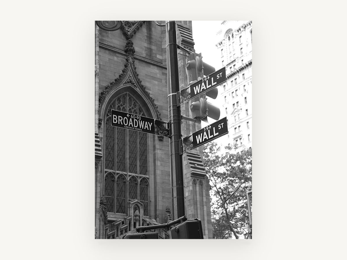 Wall Street Corner Signs, wall street broadway signs black and white photograph, city canvas wall art print, front view