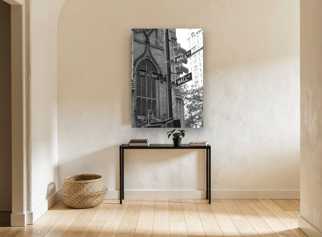 Wall Street Corner Signs city canvas print on the wall of a hallway