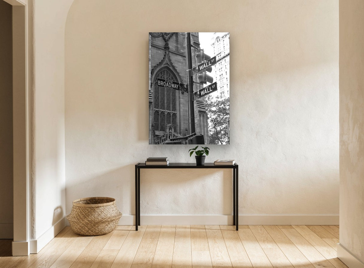 Wall Street Corner Signs city canvas print on the wall of a hallway