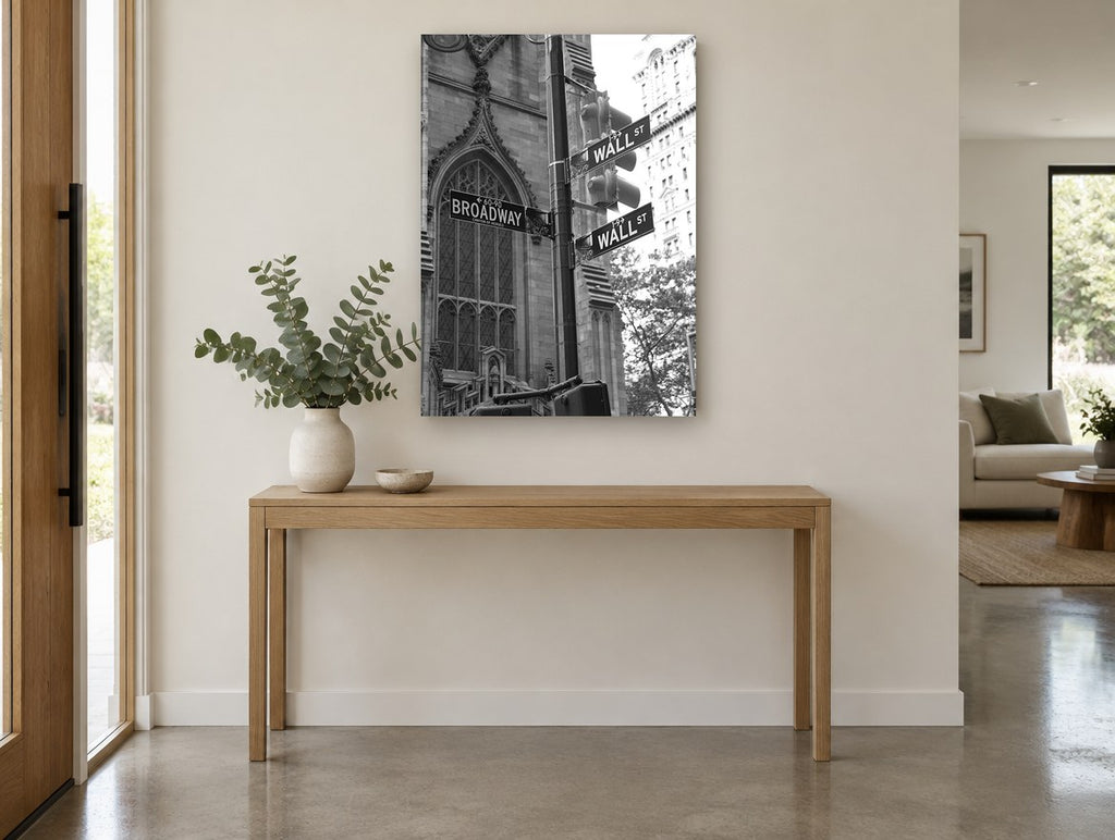 Wall Street Corner Signs city canvas print on the wall of a entry hall