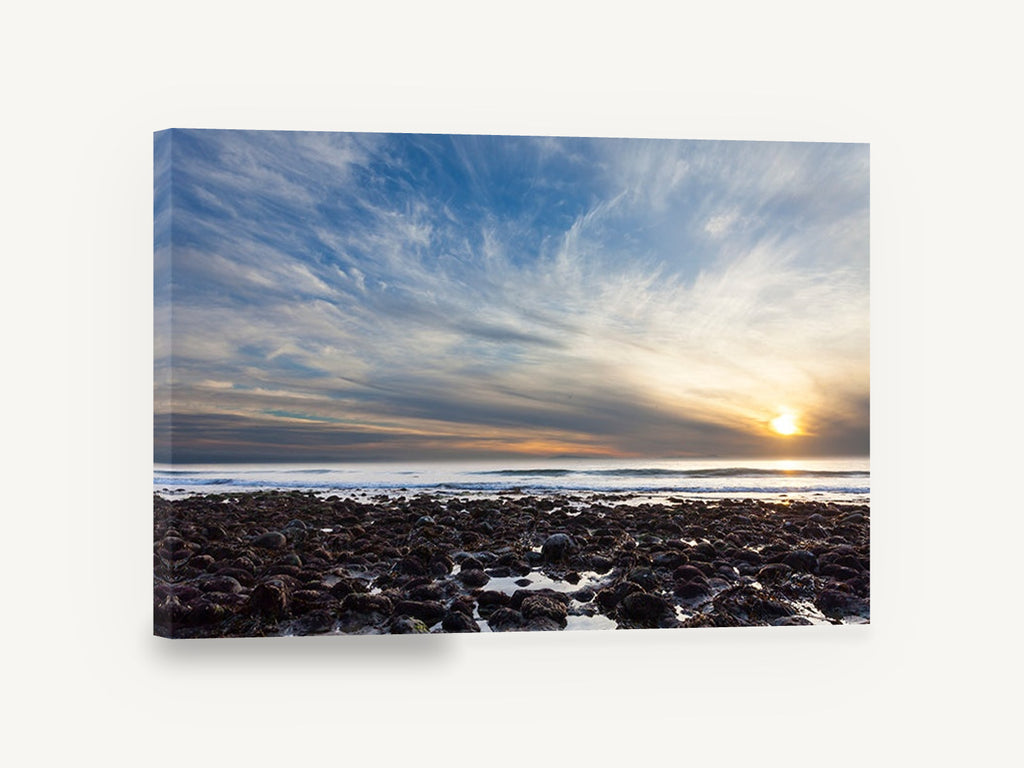 Low Tide Sunset Rocks, rocky beach sunset sky photograph, coastal canvas wall art print ready to hang