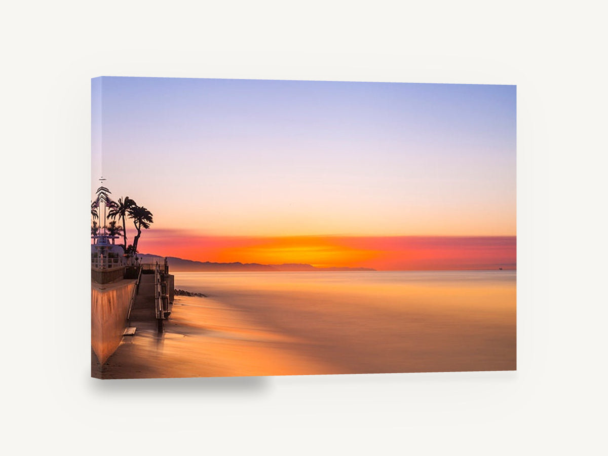 Glassy Dawn Shoreline, orange sunrise beach photograph, coastal canvas wall art print ready to hang