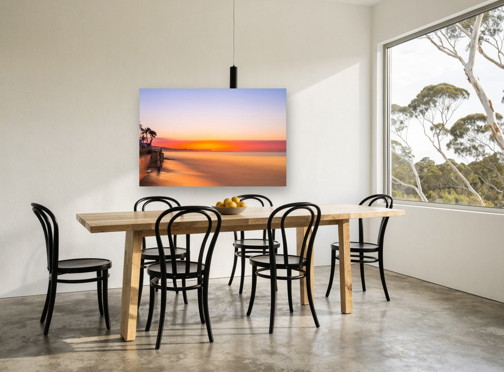 Glassy Dawn Shoreline coastal canvas print on the wall of a dining room