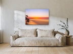 Glassy Dawn Shoreline coastal canvas print on the wall of a living room