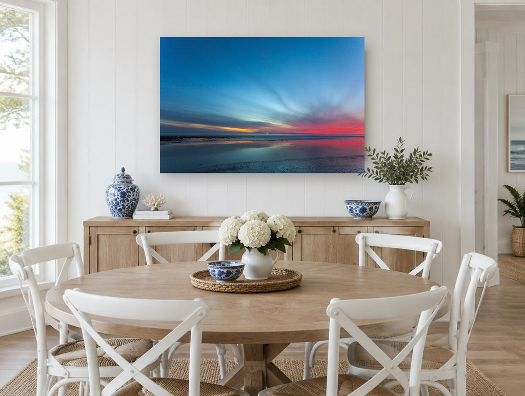 Blue Hour Tideflat coastal canvas print on the wall of a Hamptons dining room