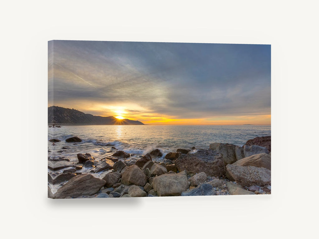 Sunrise Over Rocky Shore, sunrise rocky beach seascape photograph, coastal canvas wall art print ready to hang