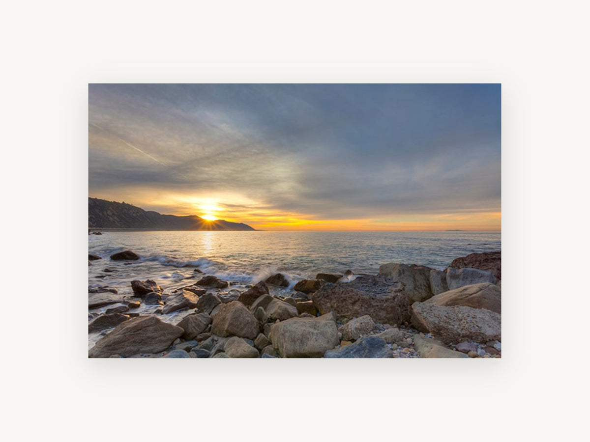Sunrise Over Rocky Shore, coastal canvas wall art print, front view